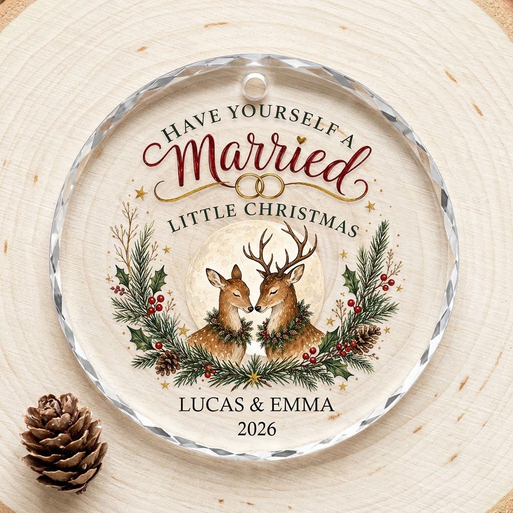 Personalized Have Yourself A Married Little Christmas Deer Round Glass Ornament