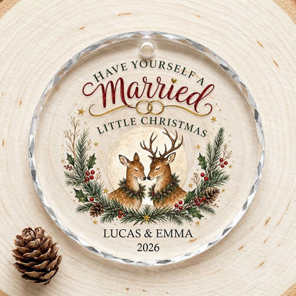 Personalized Have Yourself A Married Little Christmas Deer Round Glass Ornament