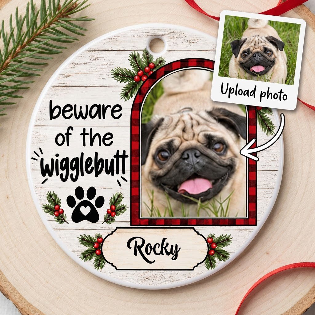 Round ceramic ornament with buffalo plaid photo frame, paw-heart, pine sprigs, and 'beware of the Wigglebutt'.