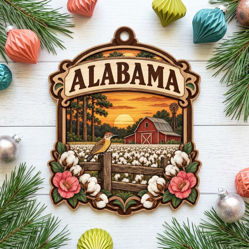 Custom-cut wood ornament with “ALABAMA”, red barn, windmill, yellowhammer bird, cotton and pink camellias at sunset.