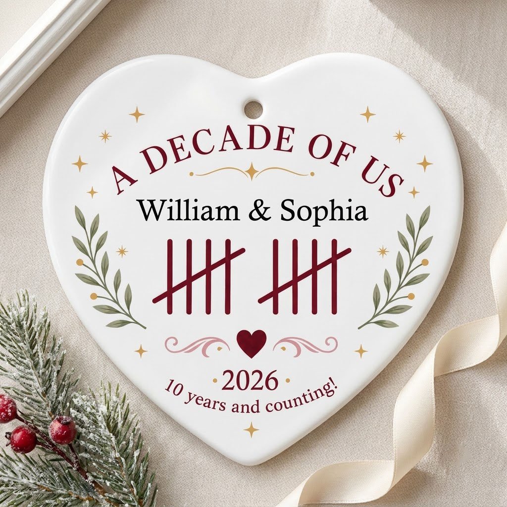 Heart ceramic ornament with 'A Decade of Us', • 2026 •, tally marks, green branches, gold stars, and couple names.