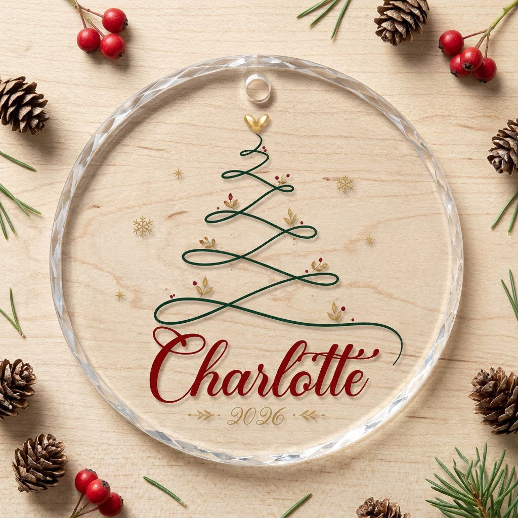 Clear round glass ornament with a looping green line Christmas tree topped by a small gold heart, name and year.