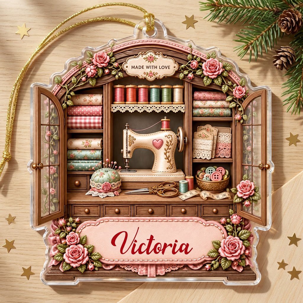 Acrylic ornament shaped like a sewing cabinet with roses, sewing machine, scissors and a pink name banner.