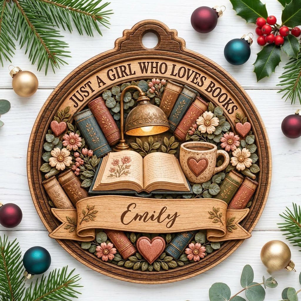 Round wood ornament with faux carved open book, glowing lamp, heart mug, stacked books, flowers, and a personalized name