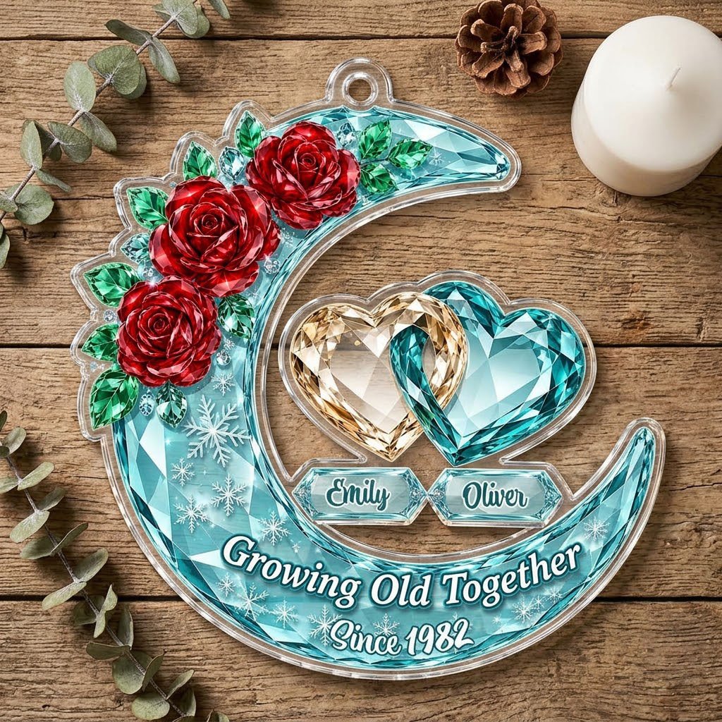Custom-cut acrylic ornament of a faceted crescent moon with red roses, snowflakes, and two intertwined crystal hearts.