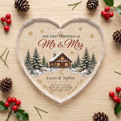 Personalized Our First Christmas as Mr & Mrs Winter Cabin Footprints Heart Glass Ornament