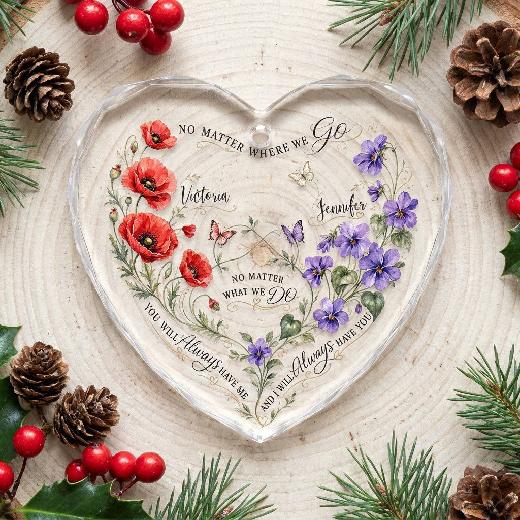 Faceted heart glass ornament with red poppies, purple violets, three butterflies, and two personalized names.