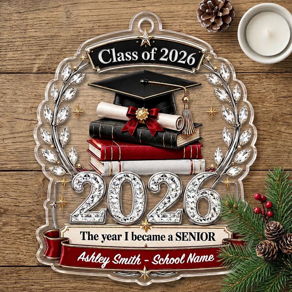 Acrylic ornament shows Class of 2026 text, cap, diploma, jeweled laurel wreath and banners personalized with name and sc
