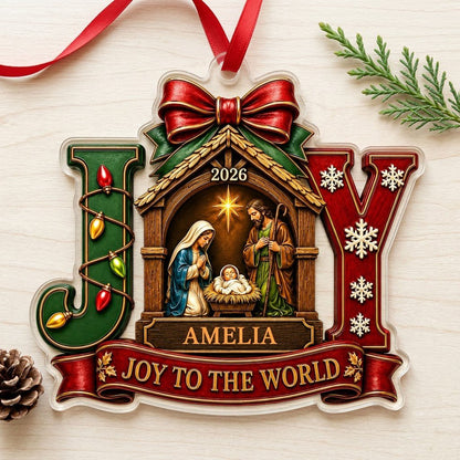 Personalized Nativity Scene JOY Acrylic Ornament, Custom Christian Holy Family Christmas Keepsake