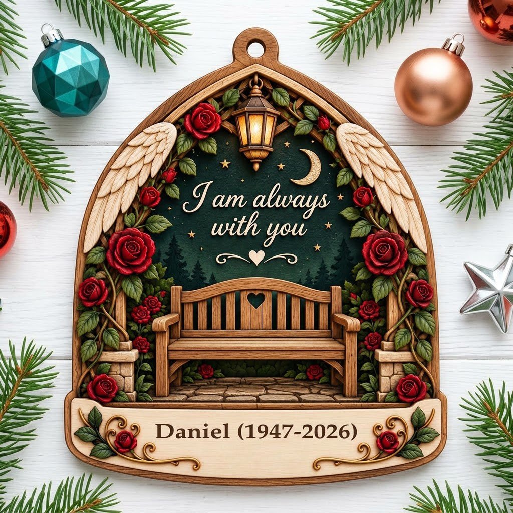 Arch-shaped wood ornament with bench, red roses, angel wings, lantern, and "I am always with you" quote.