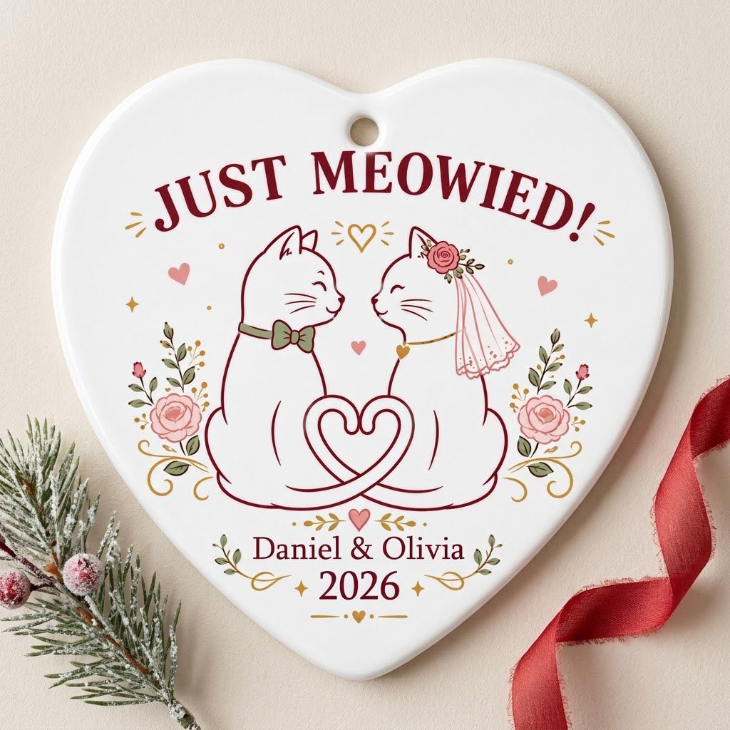 Two white cats with bow tie and bridal veil under JUST MEOWIED with roses and stars on a heart ceramic ornament.
