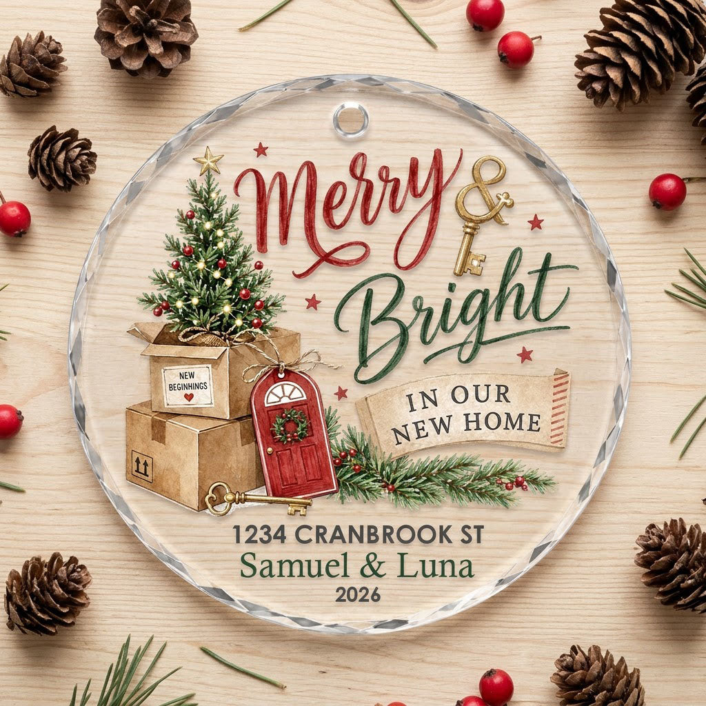Personalized Merry & Bright In Our New Home Moving Boxes Round Glass Ornament