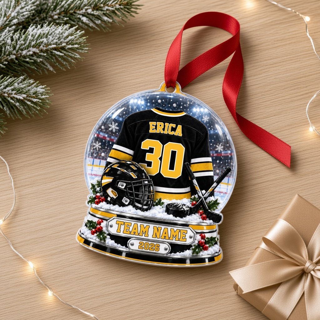 Acrylic snow globe ornament with hockey jersey, helmet, crossed sticks, puck, holly, and a silver plaque base.