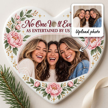 Heart ceramic ornament with a heart-shaped photo of three women, pink peonies, green leaves, and gold sparkles around th