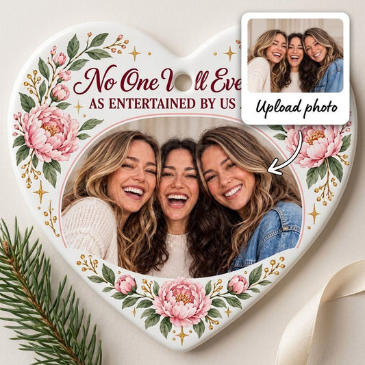Heart ceramic ornament with a heart-shaped photo of three women, pink peonies, green leaves, and gold sparkles around th