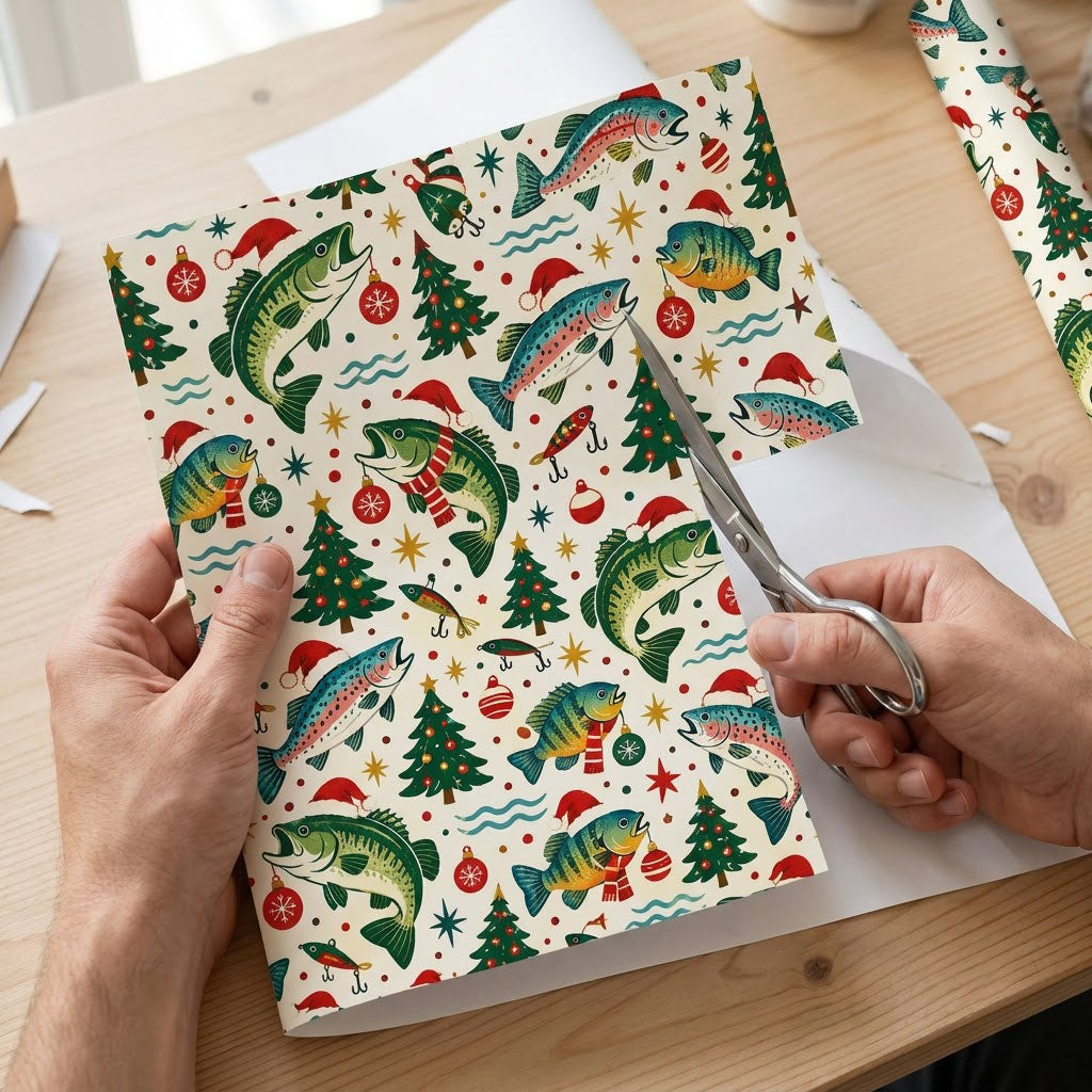 Wrapping paper with fish in Santa hats and scarves, trees, ornaments, lures, stars and blue wavy lines