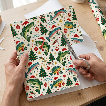 Wrapping paper with fish in Santa hats and scarves, trees, ornaments, lures, stars and blue wavy lines