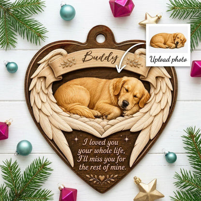 Heart-shaped wood ornament with a sleeping golden retriever, angel wings, ribbon banner, stars, and a memorial quote.
