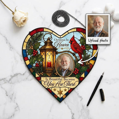 Heart stained glass suncatcher with lantern, red candle, red cardinal, holly, pine, and an oval photo frame.