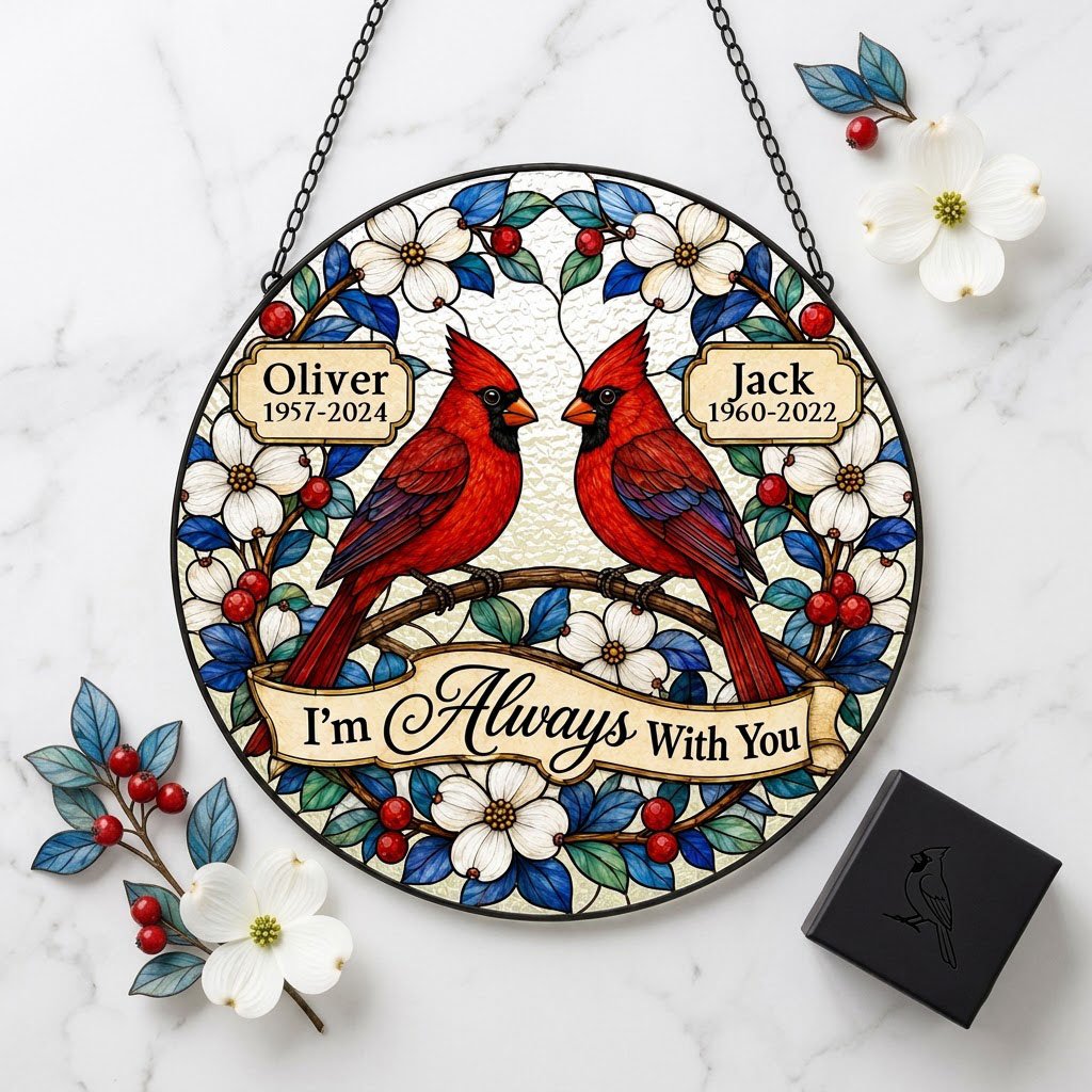 Round suncatcher with two red cardinals on a branch, dogwood flowers, a scroll banner and two name plaques.
