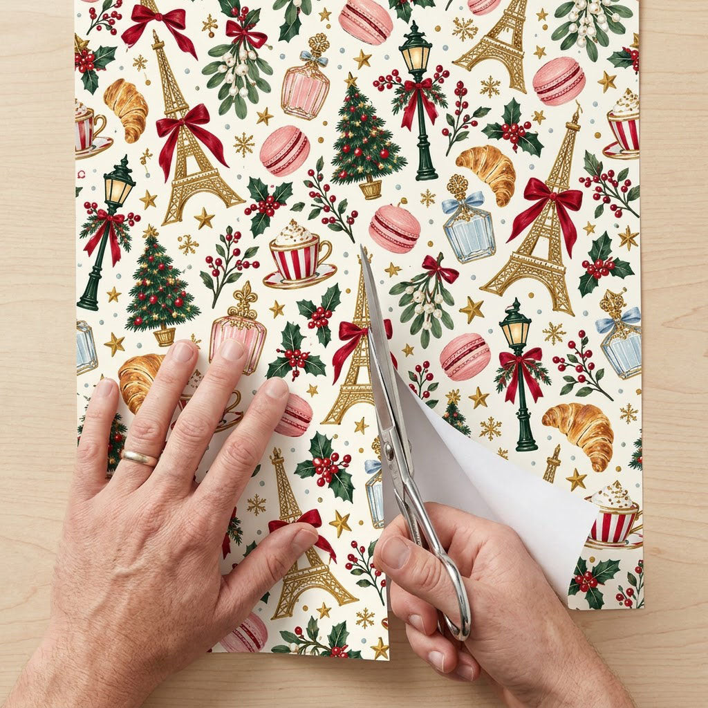 Cream paper with gold Eiffel Towers, Christmas trees, street lamps, macarons, croissants, holly and stars pattern.