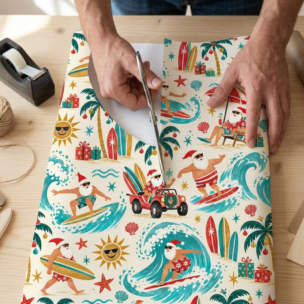 Wrapping paper with surfing Santa, red jeep, palm trees with ornaments, suns in sunglasses, starfish, seashells.