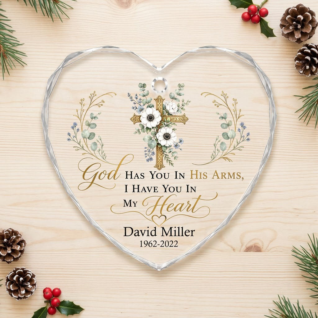 Personalized Botanical Gold Cross Memorial God Has You In His Arms Heart Glass Ornament