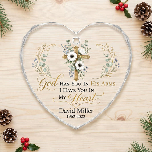 Personalized Botanical Gold Cross Memorial God Has You In His Arms Heart Glass Ornament