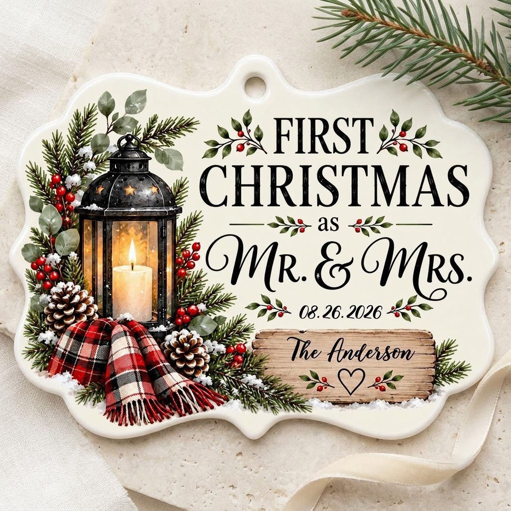 Medallion ceramic ornament with black lantern, pine, red berries, plaid scarf, and 'FIRST CHRISTMAS as MR. & MRS.' text.