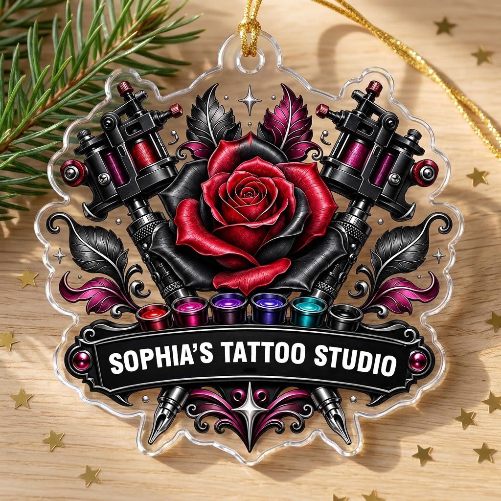 Clear acrylic ornament with red and black rose, crossed tattoo machines, caps, and SOPHIA'S TATTOO STUDIO text.