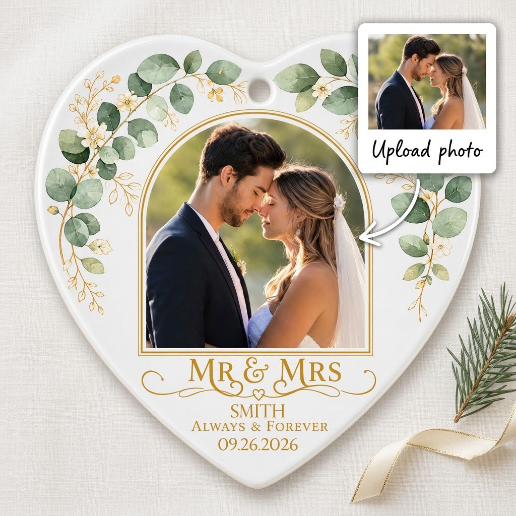 White heart ceramic ornament with wedding photo, eucalyptus leaves, gold accents, and text MR & MRS, ALWAYS & FOREVER.