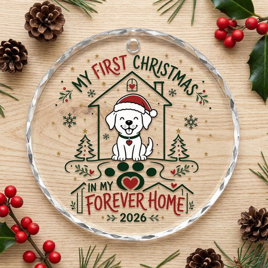 My First Christmas in My Forever Home Sitting Puppy Round Glass Ornament