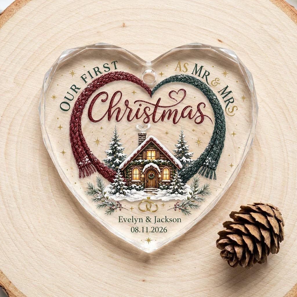Personalized Our First Christmas as Mr & Mrs Winter Cabin Heart Glass Ornament
