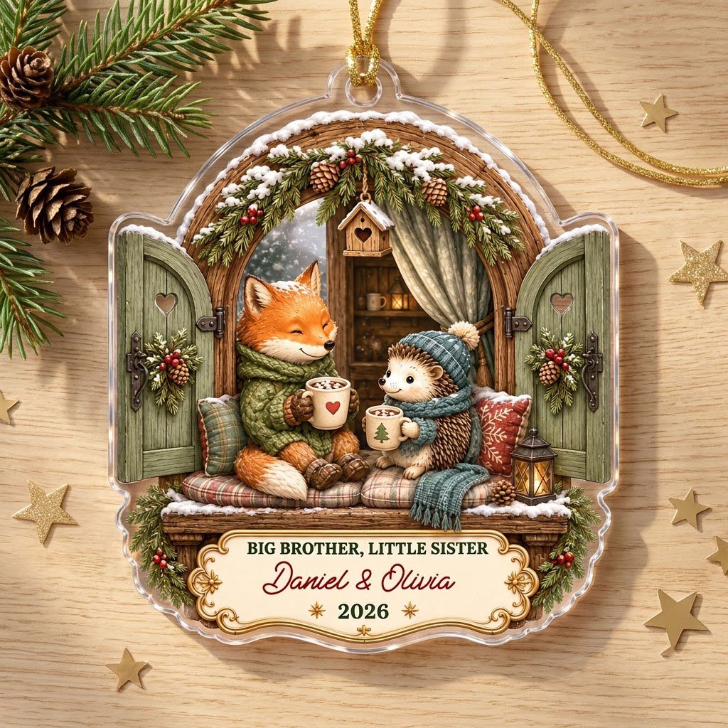 Arched window acrylic ornament with fox and hedgehog, garlands, birdhouse, and cream banner for names and year.