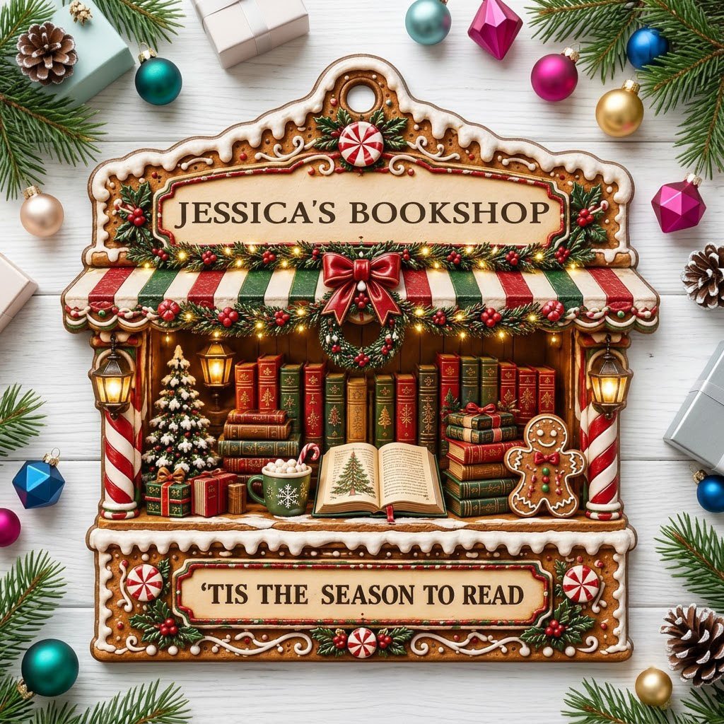 Gingerbread bookstore facade ornament with striped awning, wreath, books, lanterns, and 'TIS THE SEASON TO READ' text.