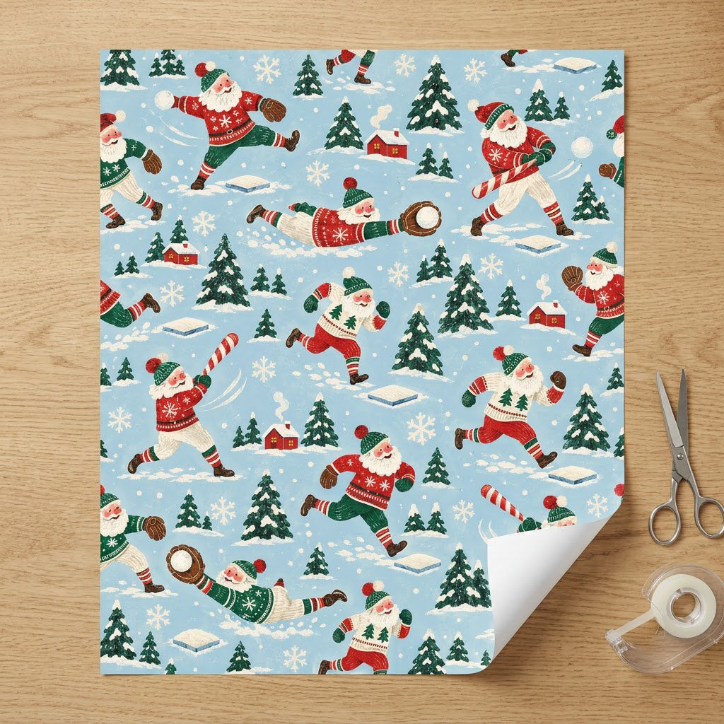 Light blue wrapping paper with Santa playing baseball, pine trees, small red houses, bases, and snowflakes in a repeatin