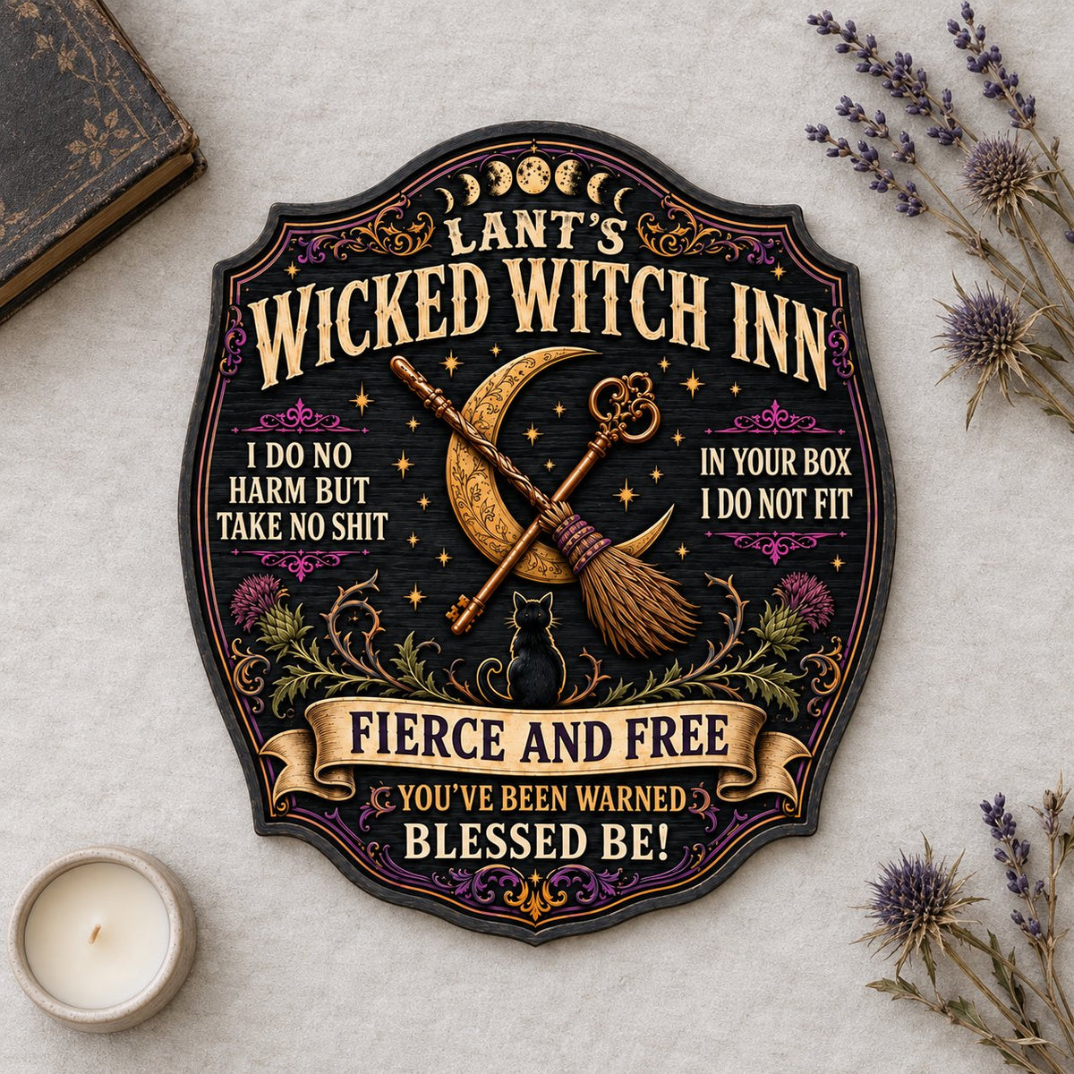 Ornate wooden plaque with moon phases, crescent moon, broomstick, key, black cat, thistles and witchy quotes.