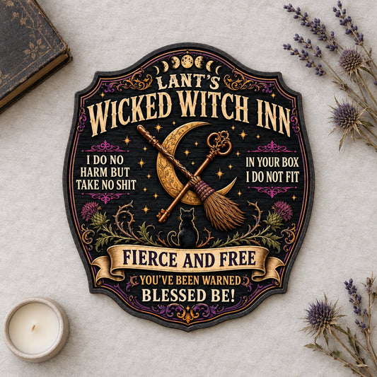 Ornate wooden plaque with moon phases, crescent moon, broomstick, key, black cat, thistles and witchy quotes.