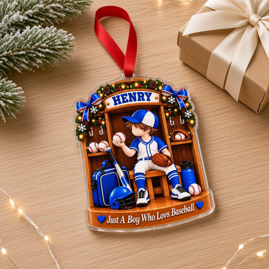 Acrylic ornament of a baseball locker with a boy in uniform and 'Just A Boy Who Lovs Baseball' at the bottom.