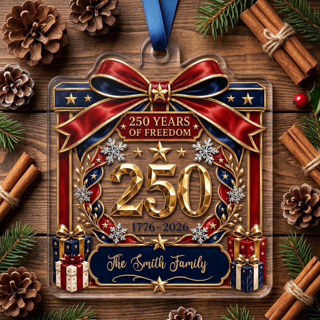Personalized America 250th Gift Box Acrylic Ornament, Custom Patriotic Holiday Keepsake