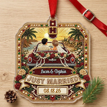 Personalized Just Married Vintage Car Acrylic Ornament