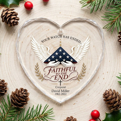 Personalized Police Memorial Your Watch Has Ended Folded Flag Angel Wings Heart Glass Ornament