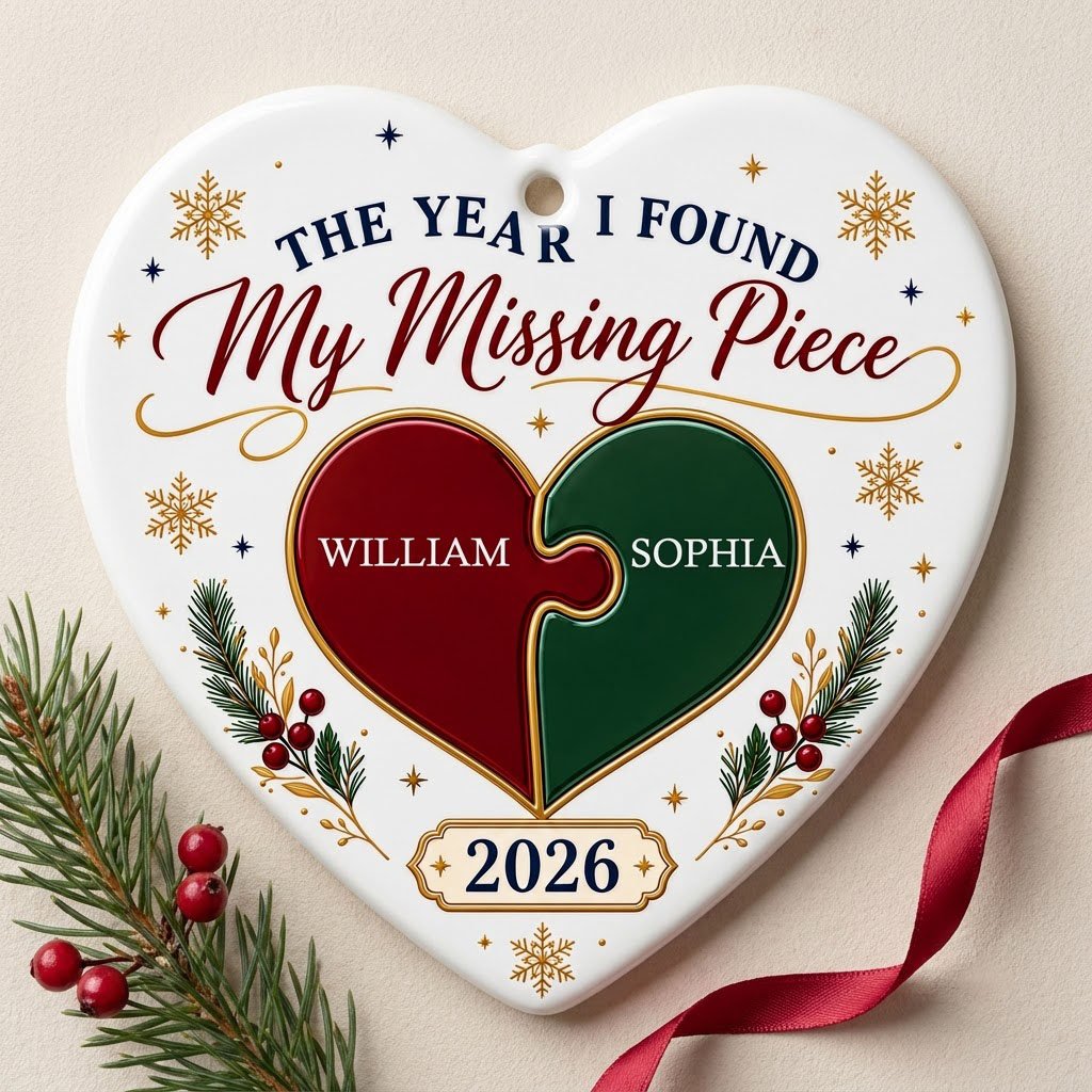 Heart ceramic ornament with red and green interlocking puzzle heart, gold snowflakes and stars, pine sprigs, and custom 