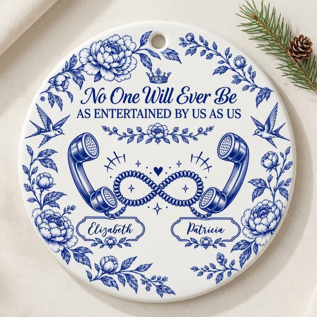 Blue toile round ornament with crown, swallows, vintage phones in an infinity and two name banners