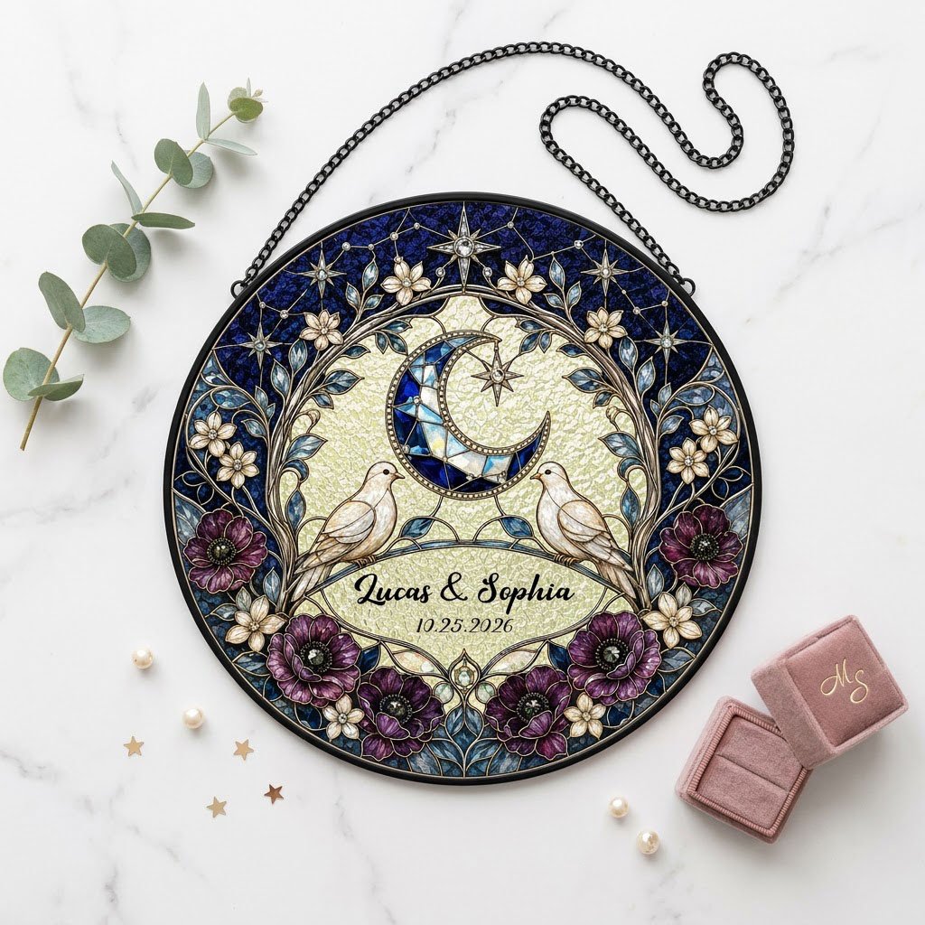 Personalized Celestial Doves & Crescent Moon Purple Floral Stained Glass Round Suncatcher
