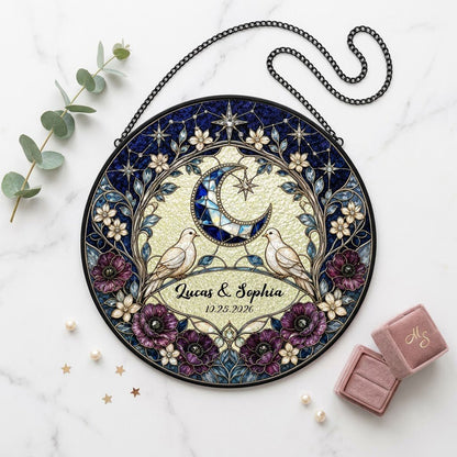 Personalized Celestial Doves & Crescent Moon Purple Floral Stained Glass Round Suncatcher