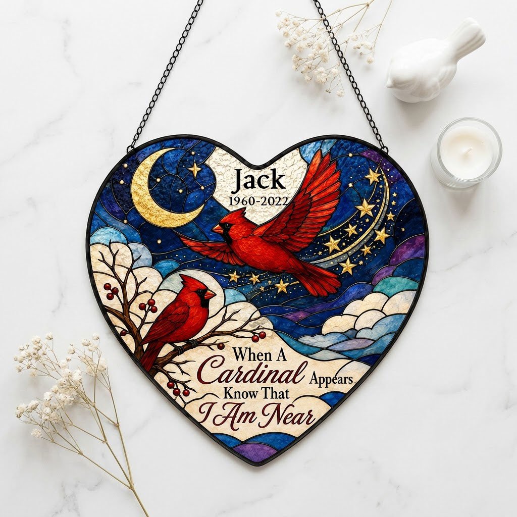 Heart stained-glass suncatcher with two red cardinals, a crescent moon, stars, and a branch with red berries.