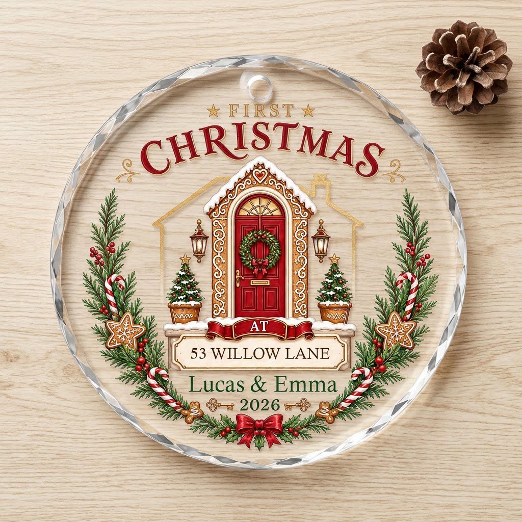 Personalized First Christmas at New Home Gingerbread Door Round Glass Ornament