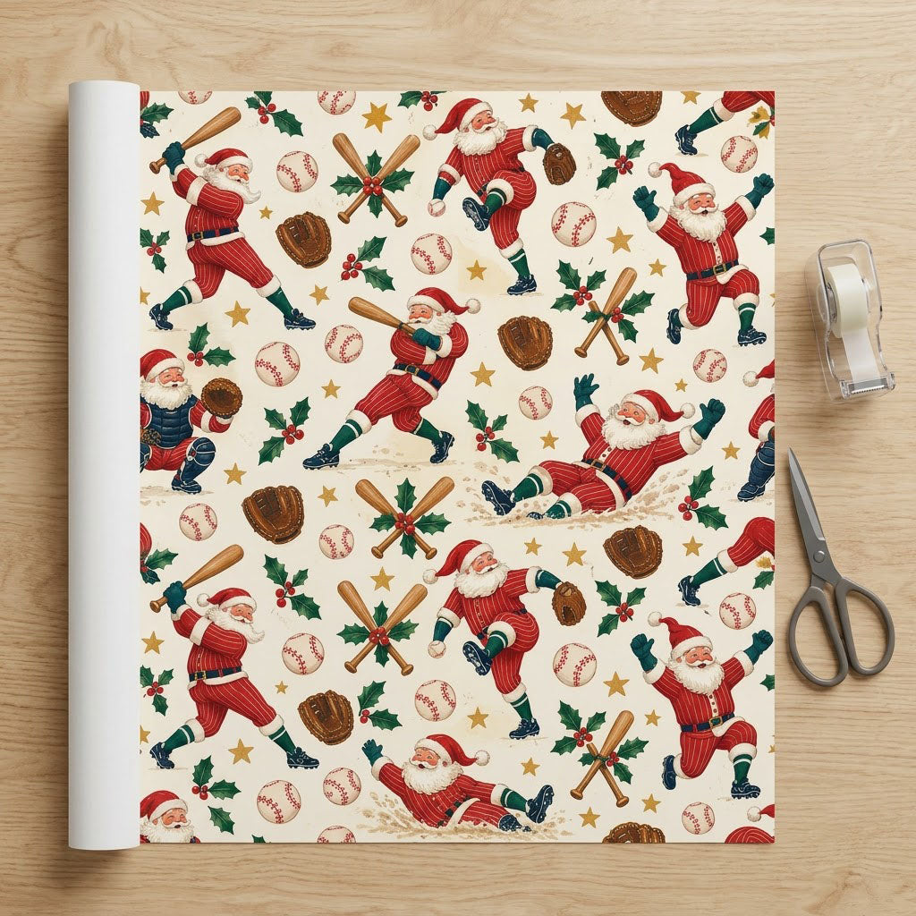 Vintage Santa playing baseball, mitts, crossed bats with holly, baseballs and stars on a cream background.