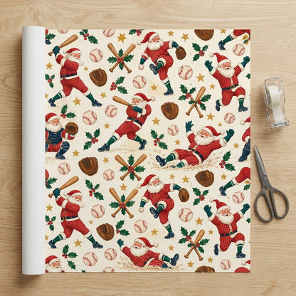 Vintage Santa playing baseball, mitts, crossed bats with holly, baseballs and stars on a cream background.